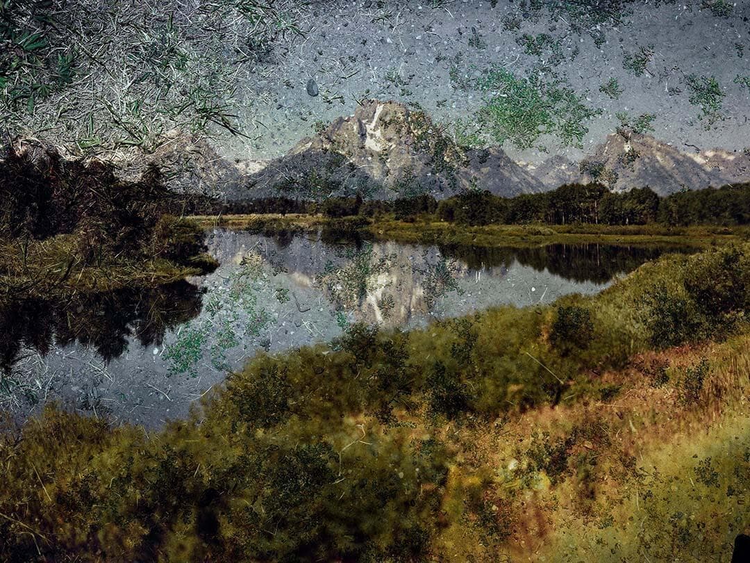 Tent-Camera Image on Ground: View of Mount Moran and the Snake River From Oxbow Bend, Grand Teton National Park, Wyoming