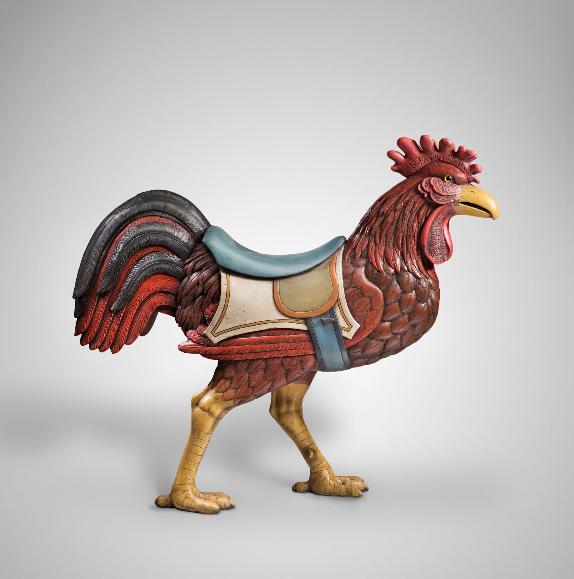 Gustav A. Dentzel, Rooster, ca. 1897, basswood, 53 × 58 × 11 in. Crystal Bridges Museum of American Art, Bentonville, Arkansas, Gift of Larry and Gail Freels, 2018.6. Photography by Edward C. Robison III.