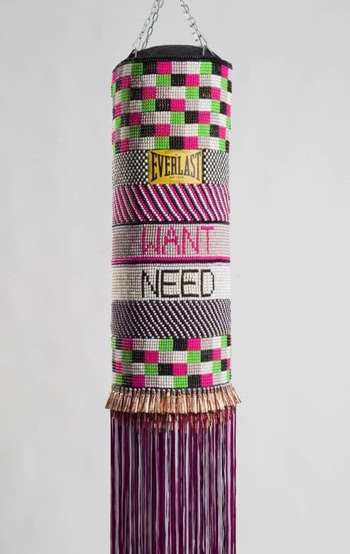 Beadwork-Decorated Everlast Punching Bag with WANT and NEED