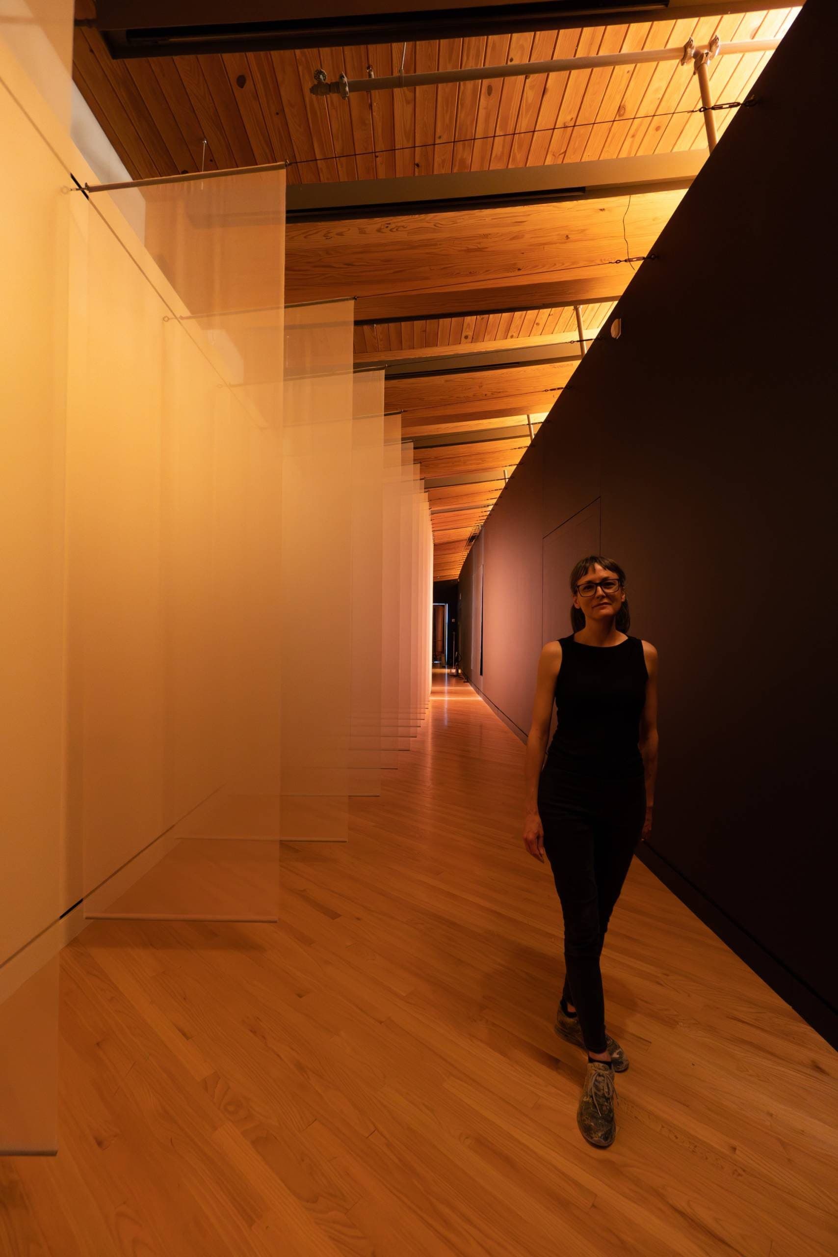 Marie Bannerot McInerney, Trace Me Back, 2023 silk organza, cotton yarn, cement, graphite, dynamic LED light and sonic element 60:00:00. Photo by Tom McFetridge.
