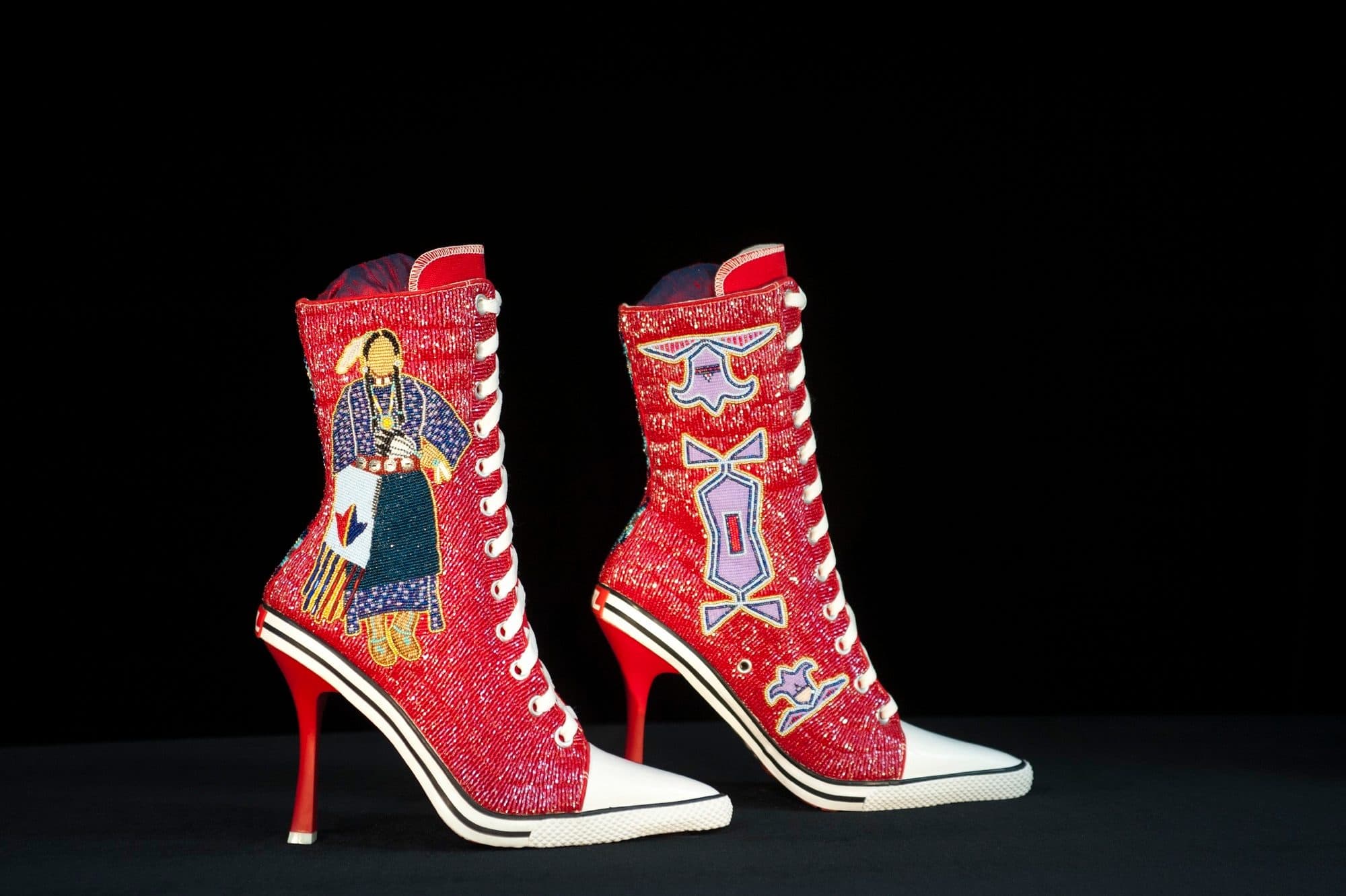 Teri Greeves, Abstraction: Kiowa by Design, 2014, beads on canvas high-heeled sneakers, 11 1/2 x 10 x 4 in. each. Courtesy Crystal Bridges Museum of American Art, Bentonville, Arkansas. Photo: Stephen Lang.
